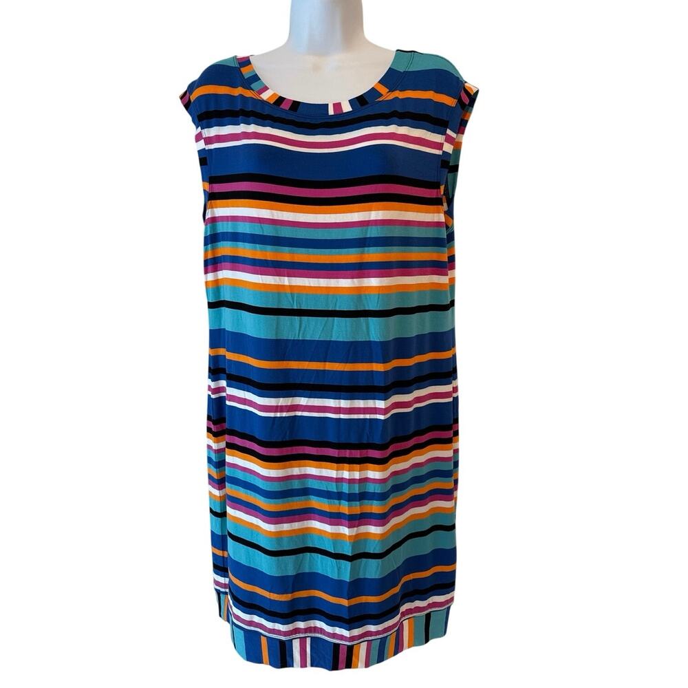 Trina Turk Multicolored Pink Blue Teal Stripe Knit Sleeveless Dress XL EUC